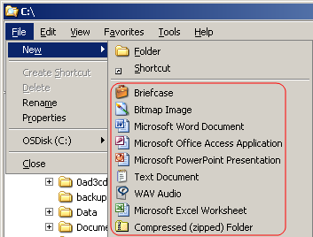 Windows Explorer File New Menu